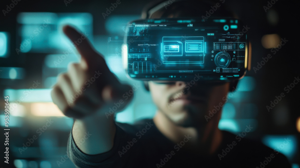 Poster a man interacts with virtual reality technology in a dimly lit room displaying digital graphics and 