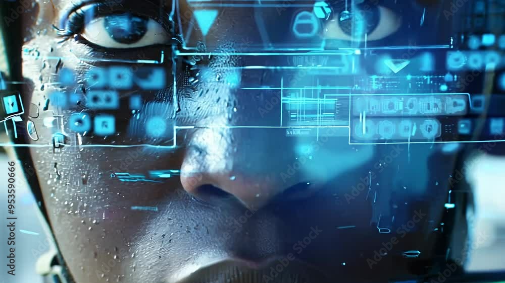 Aufkleber futuristic soldier with holographic augmented reality visor displaying data and technology.