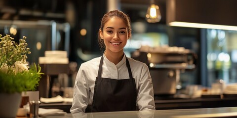A confident female restaurant worker standing behind a service counter in a contemporary eatery, showcasing professionalism and hospitality in a modern dining environment.
