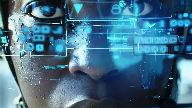 Futuristic soldier with holographic augmented reality visor displaying data and technology.