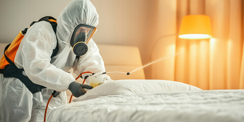 Exterminator in a protective suit and breathing mask working bed bug spray to a bed in room