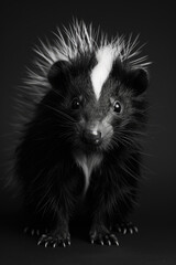 portrait studio photograph of skunk black and white