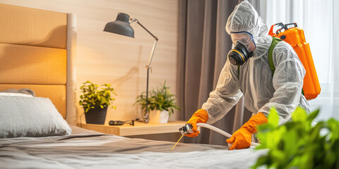 Exterminator in a protective suit and breathing mask working bed bug spray to a bed in room