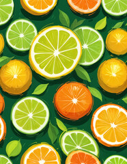 Pattern with slices of lemons, limes, and oranges scattered across a dark green background