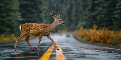 Deer crossing wet road in the rain