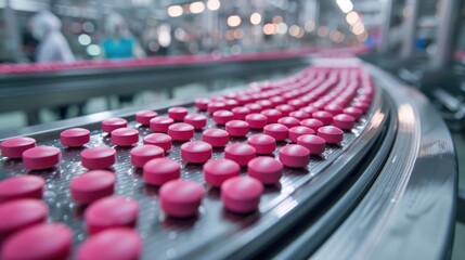 Obraz premium Automated Pharmaceutical Production Line with Red Pills on Conveyor Belt in Modern Factory