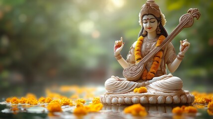 Vasant Panchami Banner Background With Goddess Saraswati Playing Veena Surrounded By Yellow Flowers Symbolizing Knowledge Wisdom Music And Spring