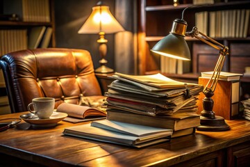A cluttered, dimly lit office desk holds files, papers, and a single, worn leather-bound law book, evoking a