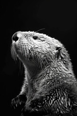 portrait studio photograph of sea otter black and white