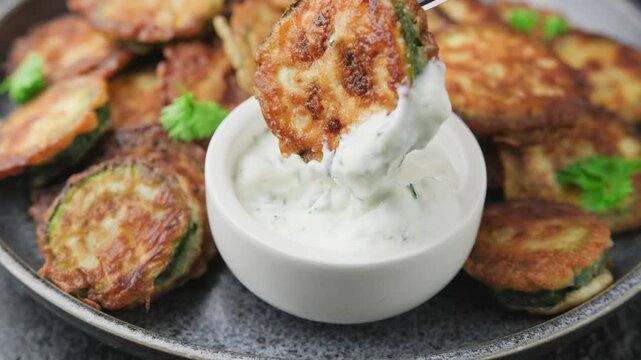 Dipping fried zucchini in garlic sauce