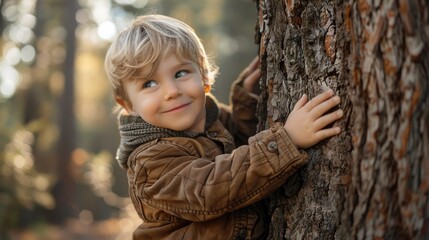 Young boy touching tree trunk in forest