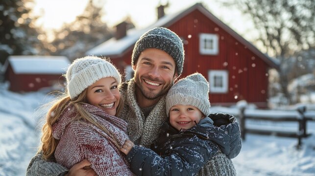 Happy family enjoying a winter day outside a cozy red house in the snow