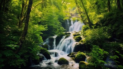 Cascading waterfall surrounded by lush greenery. AI generated