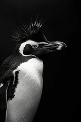 Naklejka premium portrait studio photograph of rockhopper penguin black and white