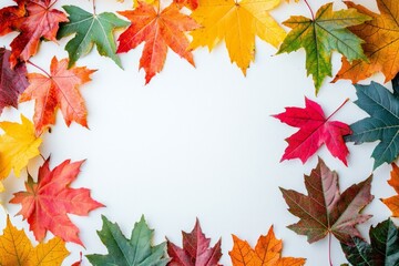 Fototapeta premium Autumn Maple Leaves Flat Lay White Background created with Generative AI