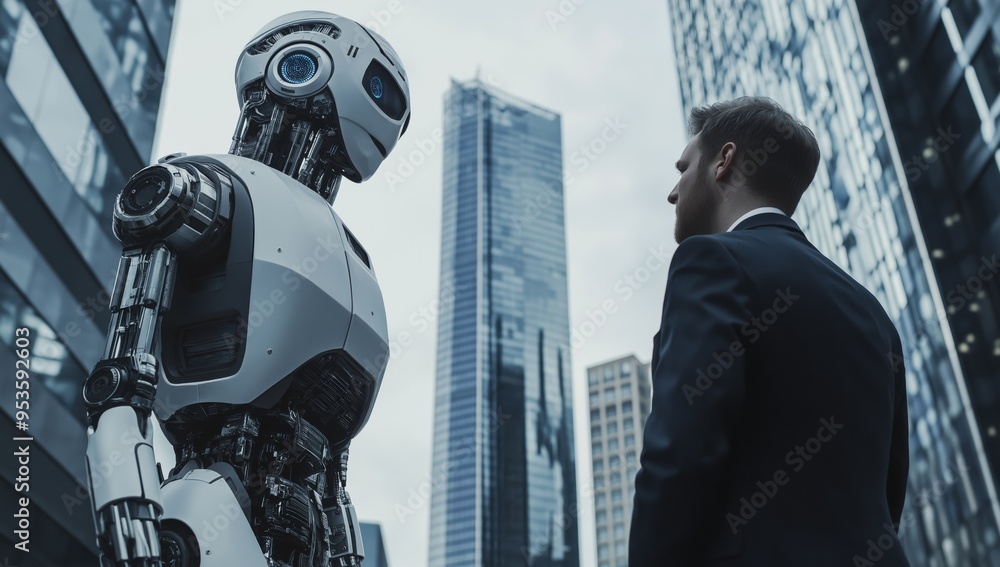 Aufkleber a fascinating meeting of minds human and robot engaging effectively in a dynamic business setting, s