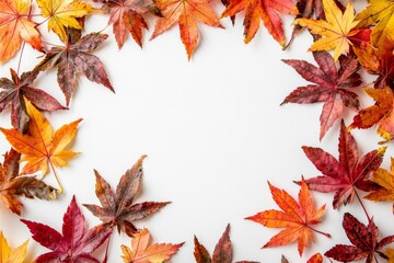 Fototapeta premium Autumn Maple Leaves Flat Lay White Background created with Generative AI