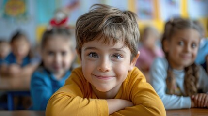 Obraz premium Young boy smiles in elementary school classroom