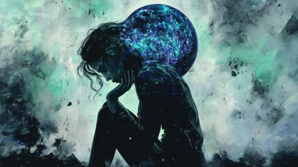 A contemplative female figure sits in silhouette, surrounded by cosmic backdrop, evoking sense of introspection and wonder.