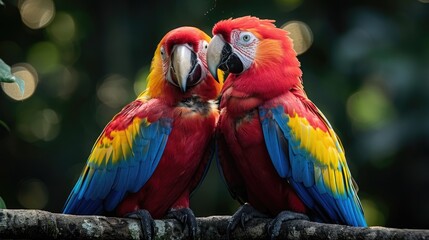 Obraz premium Colorful Scarlet Macaws Perched Together in Vibrant Tropical Forest