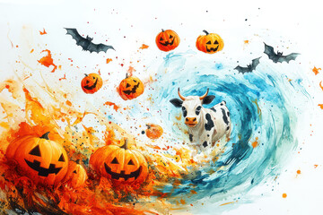 Watercolor tornado with flying cows and scary pumpkins, halloween atmosphere, children's book illustration style, simple design