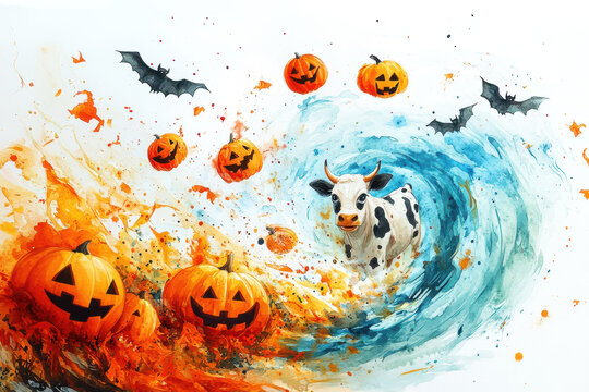 Watercolor tornado with flying cows and scary pumpkins, halloween atmosphere, children's book illustration style, simple design