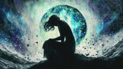 Fototapeta premium A silhouette of woman sits contemplatively against cosmic backdrop, evoking sense of introspection and wonder.
