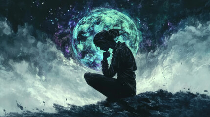Obraz premium A contemplative figure sits against vibrant cosmic backdrop, surrounded by swirling clouds and luminous moon, evoking sense of introspection and wonder.