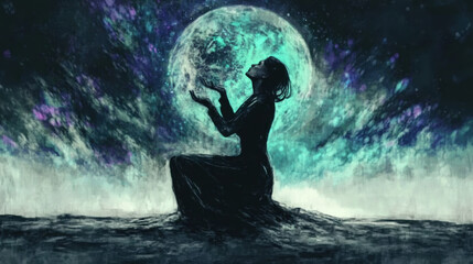 Obraz premium A woman kneels in mystical landscape, reaching towards glowing moon, surrounded by vibrant cosmic colors. scene evokes sense of wonder and connection to universe.