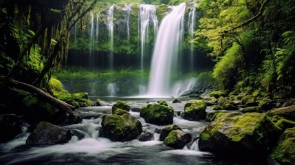 majestic waterfall cascading down a rocky mountain covered in trees