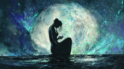 Fototapeta premium A silhouette of woman sitting in water, gazing at her hands, with large, luminous moon in background, creating serene and introspective atmosphere.