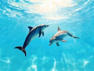 Obraz premium Two playful dolphins swim gracefully in crystal-clear ocean water, showcasing their natural beauty and intelligence.