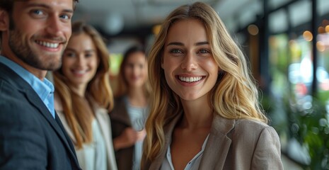 Fototapeta premium Smiling Young Woman with Friends in a Modern Office Environment