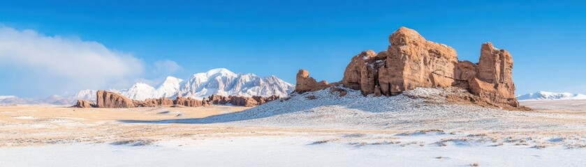 Stunning panoramic view of snow-covered mountains and red rock formations under a bright blue sky.