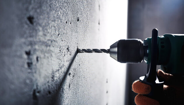 Drill bit penetrating concrete wall