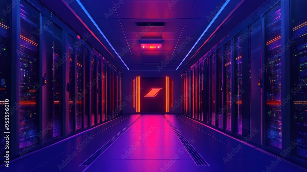 Poster futuristic data center corridor with vibrant neon lights creating an immersive atmosphere for techno