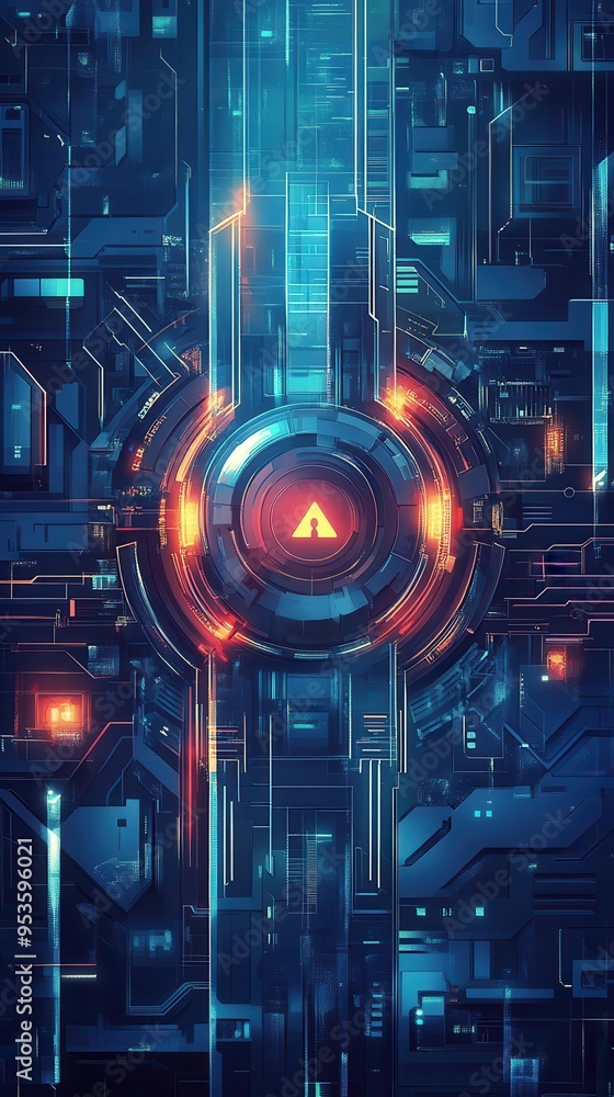 Poster futuristic abstract design featuring intricate digital patterns and glowing elements in vibrant blue