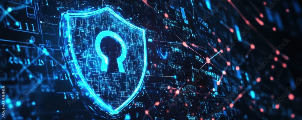 Poster digital shield with a keyhole representing cybersecurity and protection in the online world, showcas