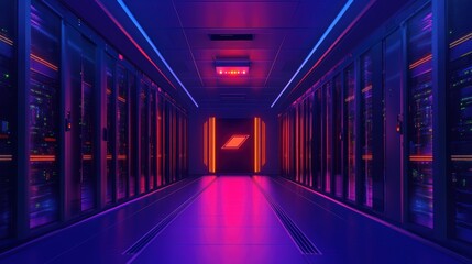 Fototapeta premium Futuristic data center corridor with vibrant neon lights creating an immersive atmosphere for technology enthusiasts.