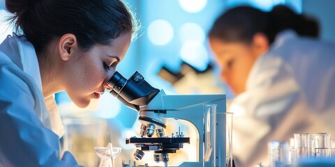 Scientists examining enzymes from biofilms under microscope, sequencing for DEET degradation, detailed lab environment, sterile white lighting, focus on scientific discovery.