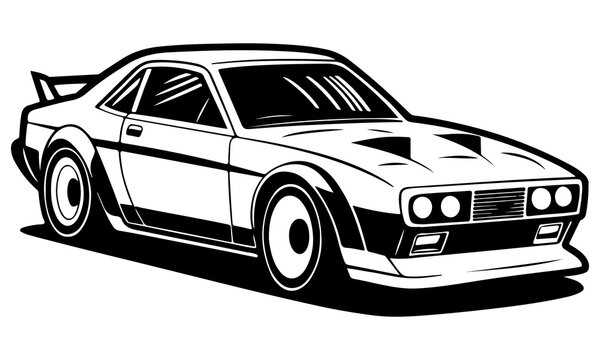 recommend clip art: Sports racing Car Front View Silhouette. Black and white vintage classic logotype car. Sports car vector and sports car icon.