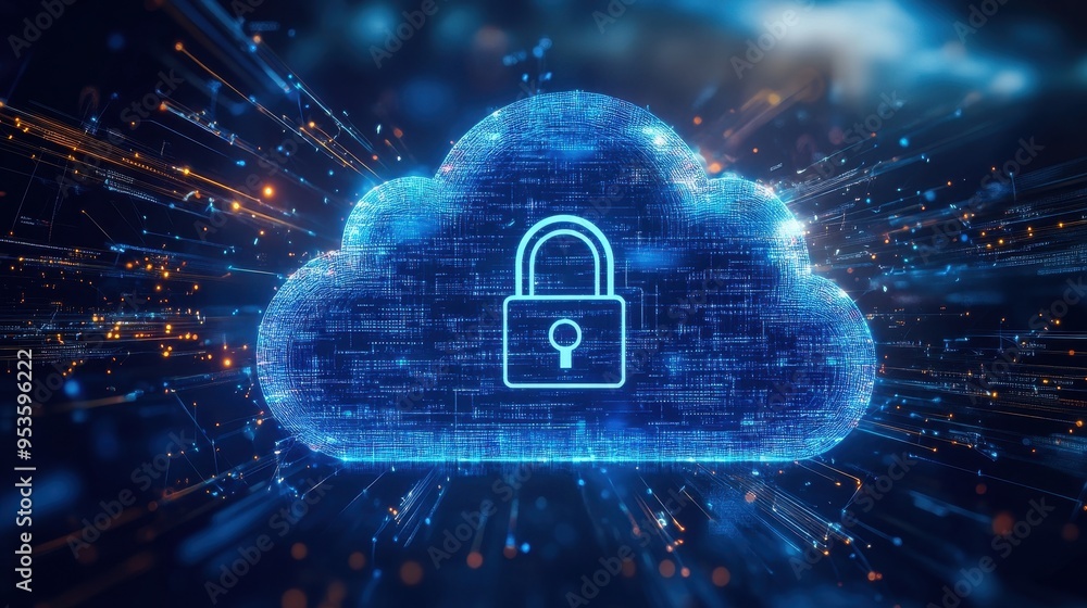 Poster digital cloud security concept with a padlock symbol, representing data protection and privacy in th