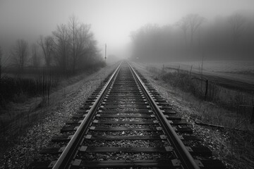 Obraz premium Railroad tracks disappear into foggy forest