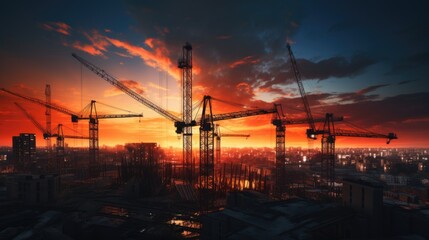 Tower cranes on construction. Urban and residential facilities at the initial stage of construction at sunset