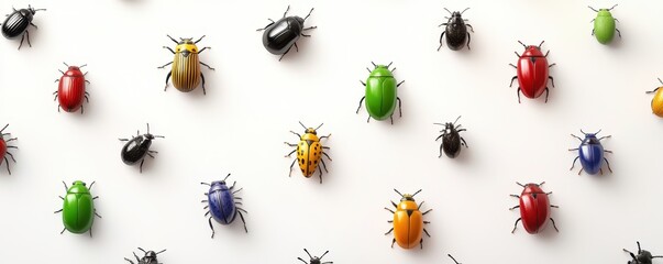 Colorful collection of decorative bugs arranged on a white background, showcasing natural beauty and vibrant design.