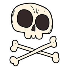 Hand drawn cartoon Halloween skull and cross of bones on white background.