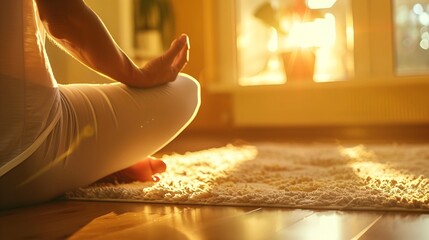woman in lotus pose, doing yoga in a room with a big window.