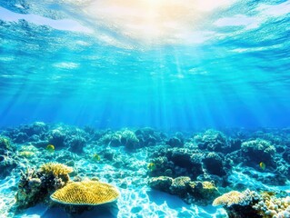 Beautiful underwater scene showcasing vibrant coral reefs and sunlight piercing through crystal clear water.