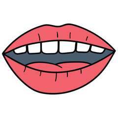 Hand drawn cartoon talking woman's mouth on white background.