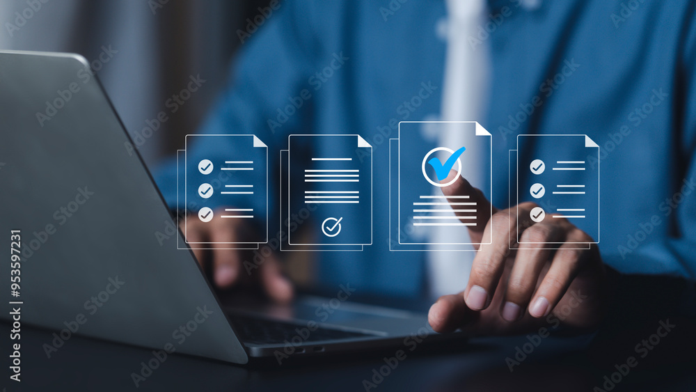 Poster businessman use document icon on virtual screen checklist and documentation management, business gro